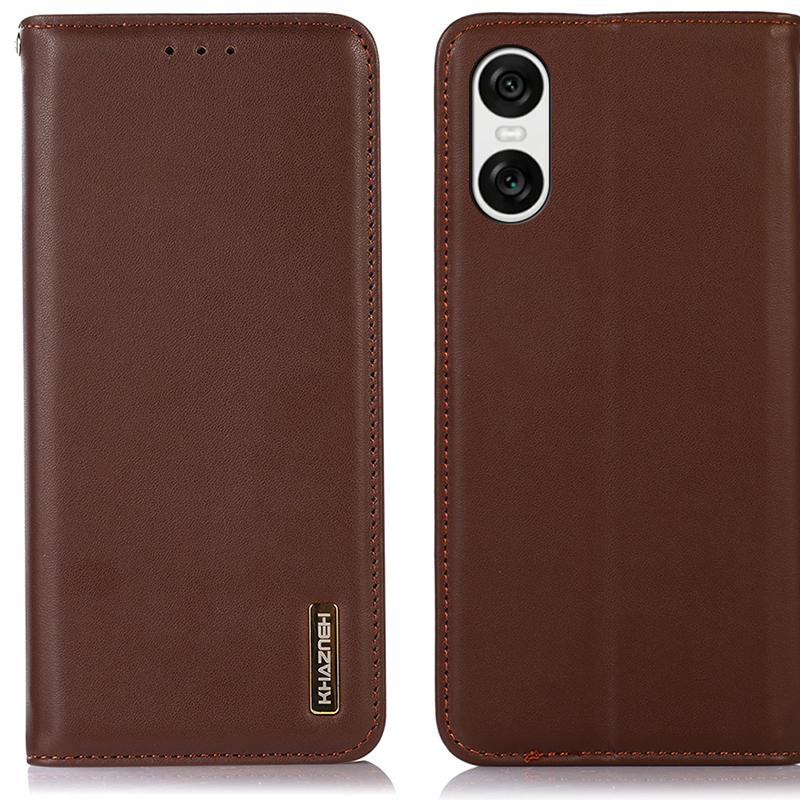 

For Sony Xperia 10 VI Wallet Case Genuine Cow Leather Flip Phone Cover Brown