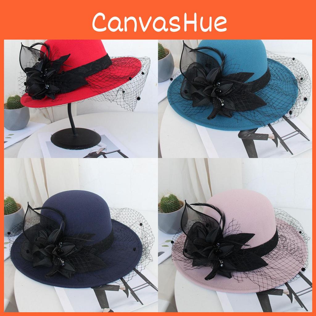 Hebe Wool Felt Wide Brim Hat With Mesh Flower Detailing For Formal Events