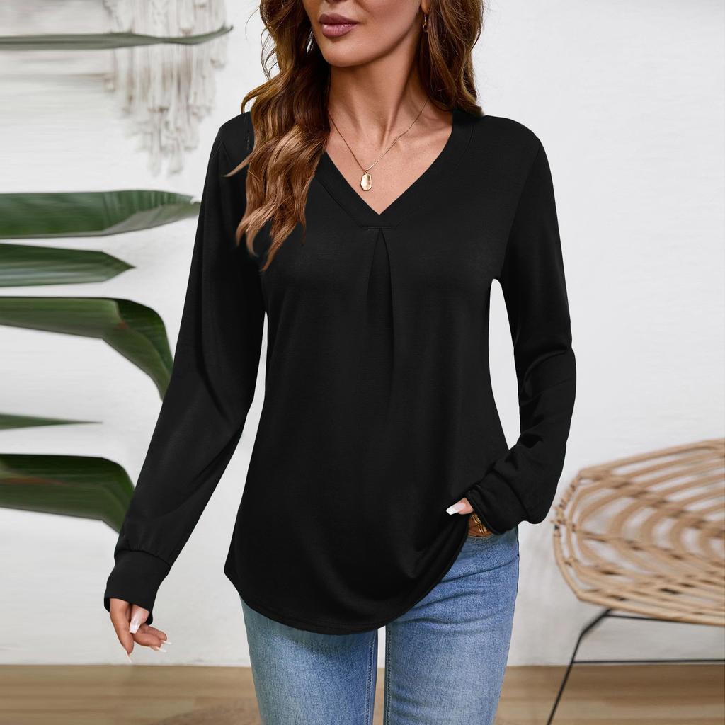 Damen Langarm V-Ausschnitt Bluse Business Casual Tunika Oberteil Locker Geschnitten Arbeitshemd