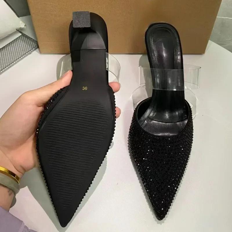 Designer Luxury High Heels Sandals Woman Elegant Shiny Diamond Black Fashion Mules Slingback PVC  Summer Shoes for Ladies