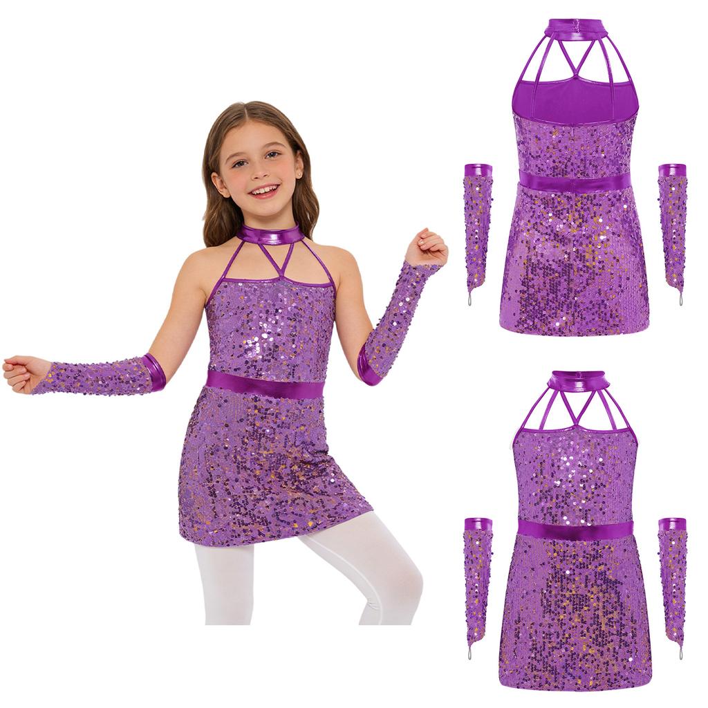Kids Girls Jazz Dance Halter Dress Sleeveless Strappy Back Invisible Zipper Sparkling Sequins with 1 Pair Gloves for Stage Performance