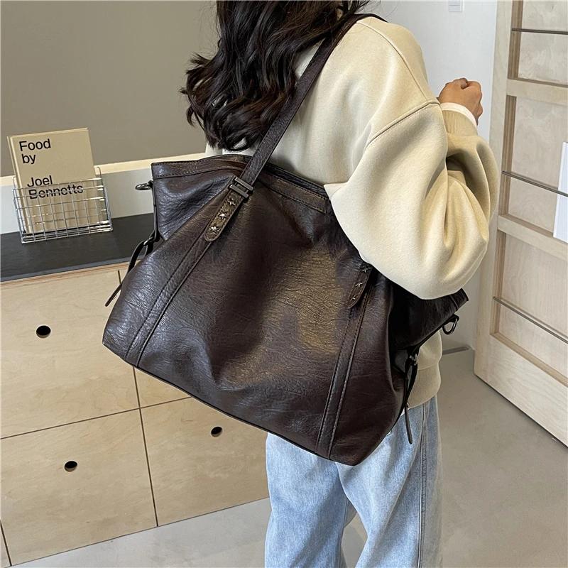 Fashion Large Capacity Women's Tote Bag Retro Solid Color Soft Leather Women Shoulder Crossbody Bag Luxury Travel Female Handbag