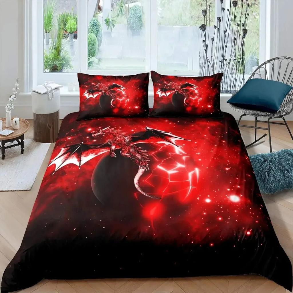 Ice Fire Dragon Duvet Cover Set for Boys Oriental Beast Bedding Set Eastern Auspicious Animals Fairy Tale Comforter Cover