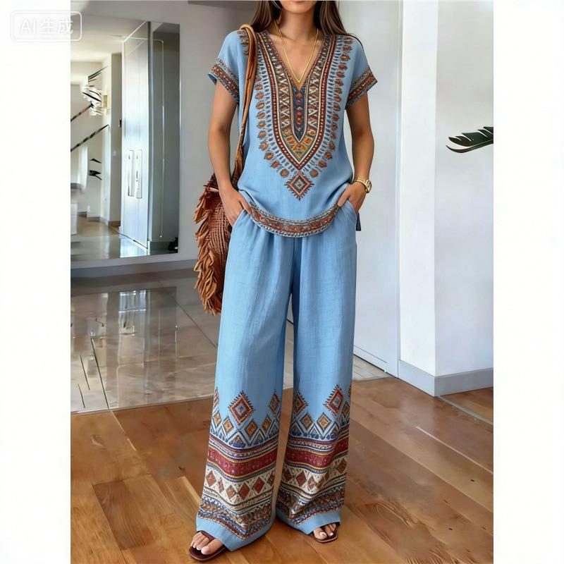 Bohemian vintage gradient stripe set, women's loose V-neck top with wide-leg pants, vacation-style casual two-piece set
