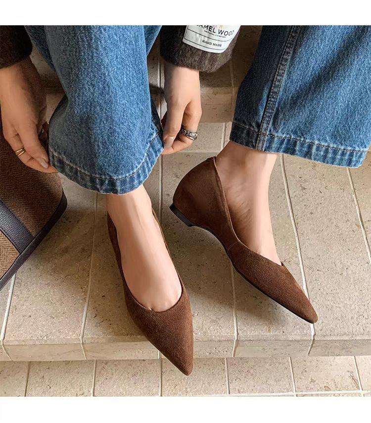 

French Retro Versatile Work Shoes New Women S Shoes Inner Height Increase Pointed Leather Shoes Spring And Autumn Shallow Mouth Single Shoes Women 35 коричневый