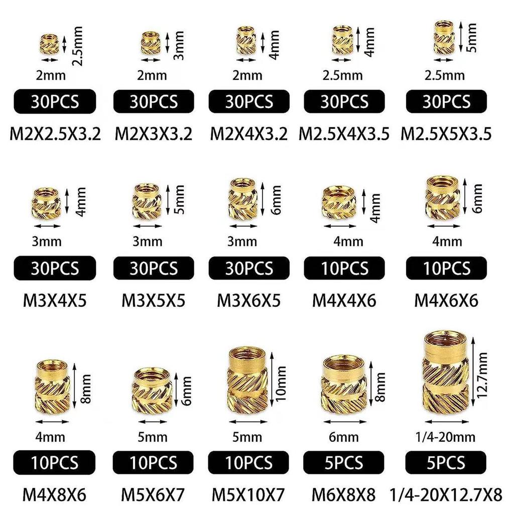 300pcs Threaded Inserts M2 M2.5 M3 M4 M5 M6 1/4-20 Insert Nuts Brass Threaded Bushing