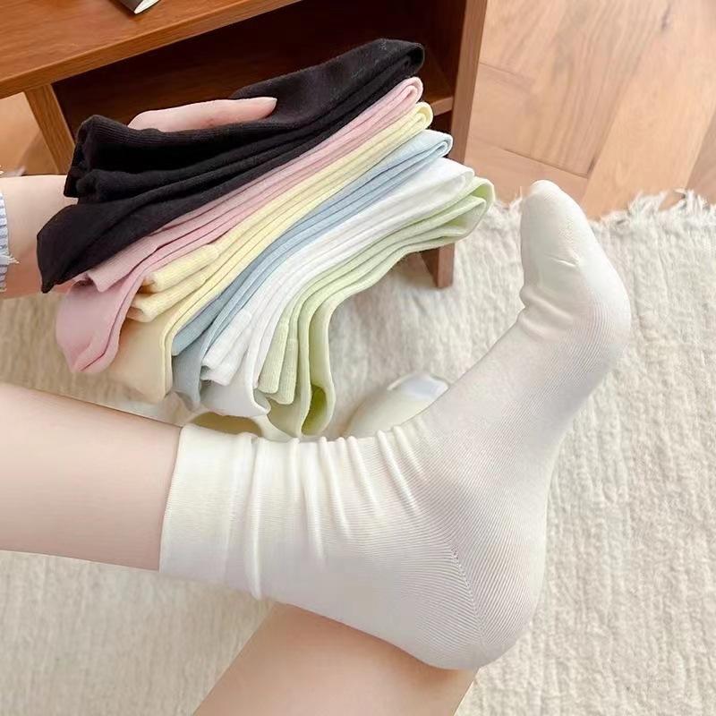 5 Pairs Socks Women's Mid-calf Socks Autumn and Winter Solid Colour Cotton Thickened White Thigh-high Stacked Socks Morandi Bone-less Monthly Socks
