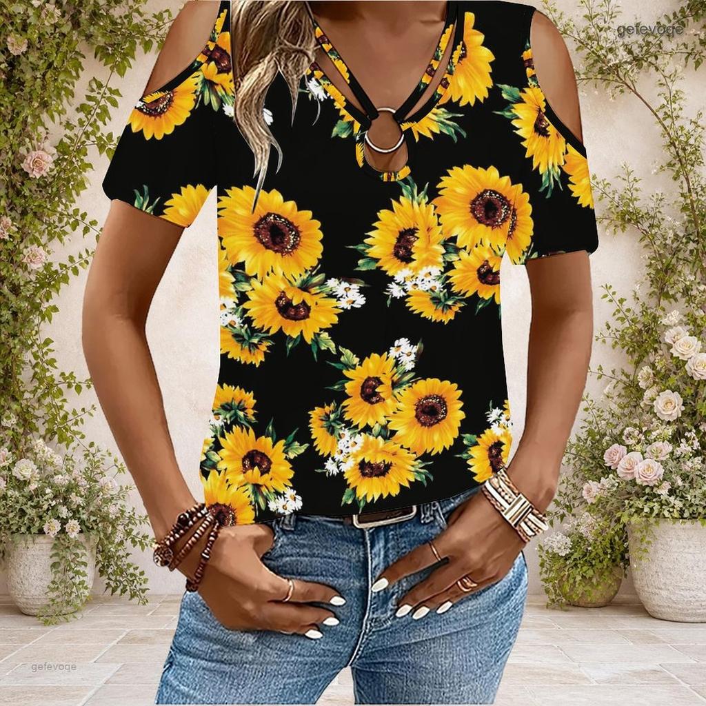 Damen Übergröße Schlüsselloch Ringhals Kalte Schulter Kurzarm Tintenspritzer Druck T-Shirt