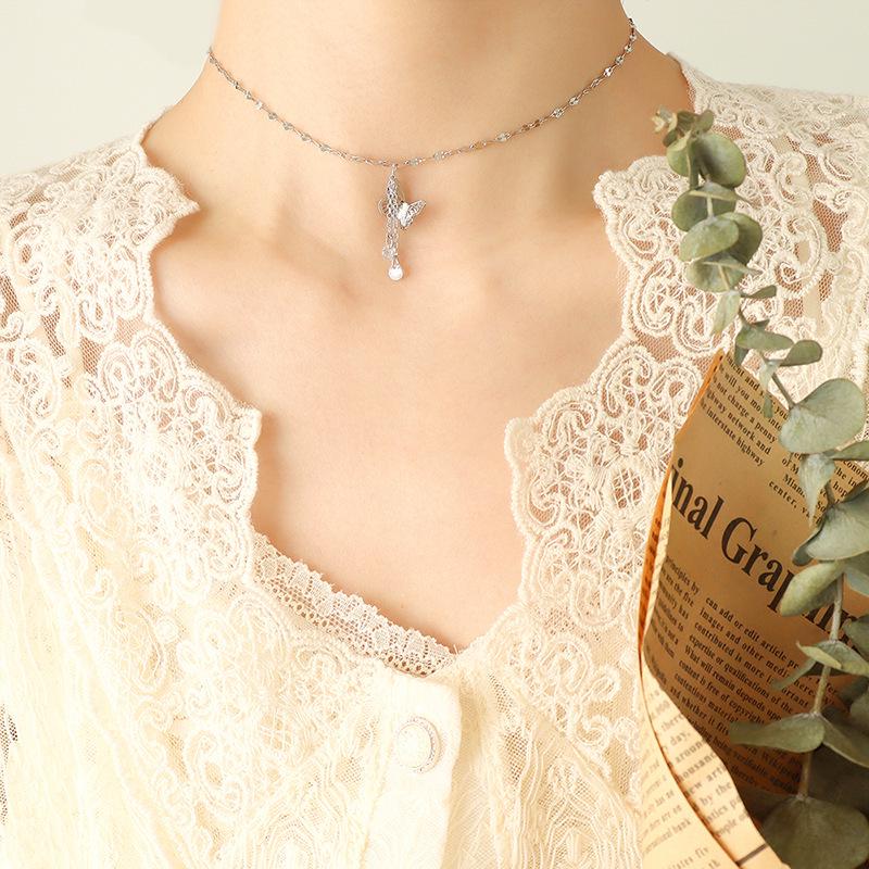 Elegant Artistic Style Butterfly Tassel Zircon Pendant Necklace for Women