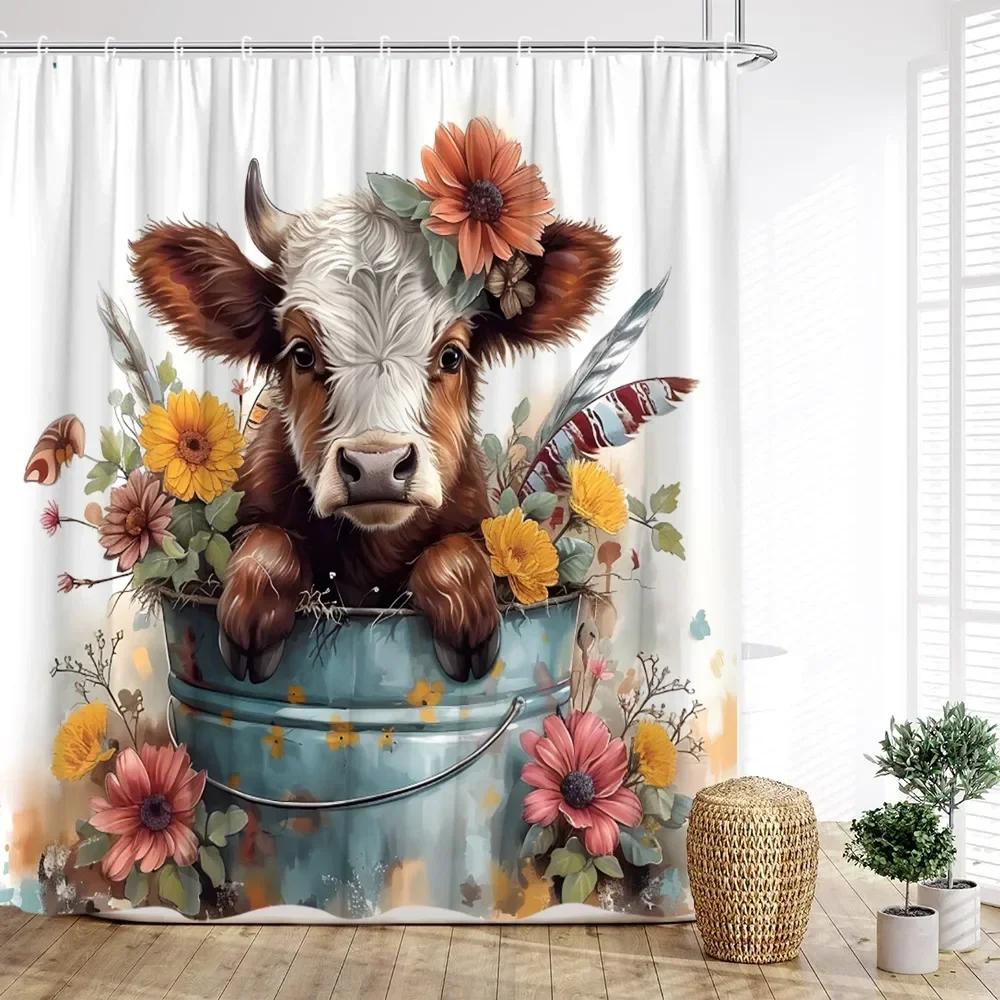 Cow Shower Curtain, Farm Animals Watercolor Spring Cartoon Rustic Plank Flower Butterfly Barrel Sunflower Cowboy Bathroom Decor