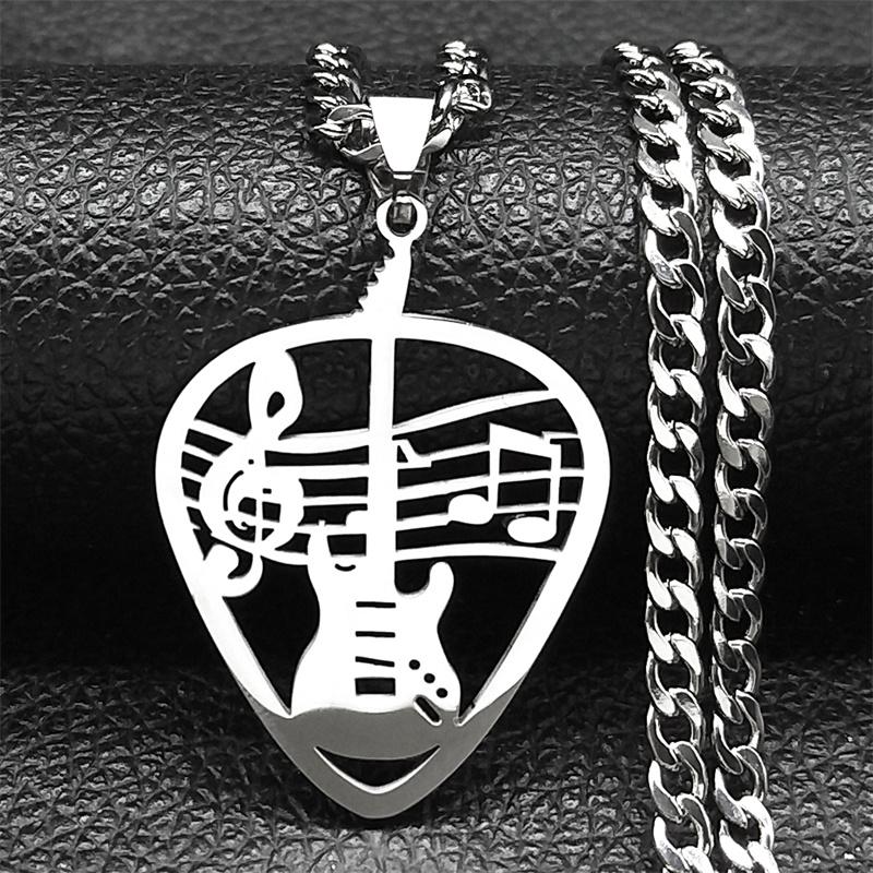 Rock Music Guitar Pick Pendant Necklace for Women/Men Stainless Steel Punk Musical Bass Chain Party Gift Jewelry 8418-QKC