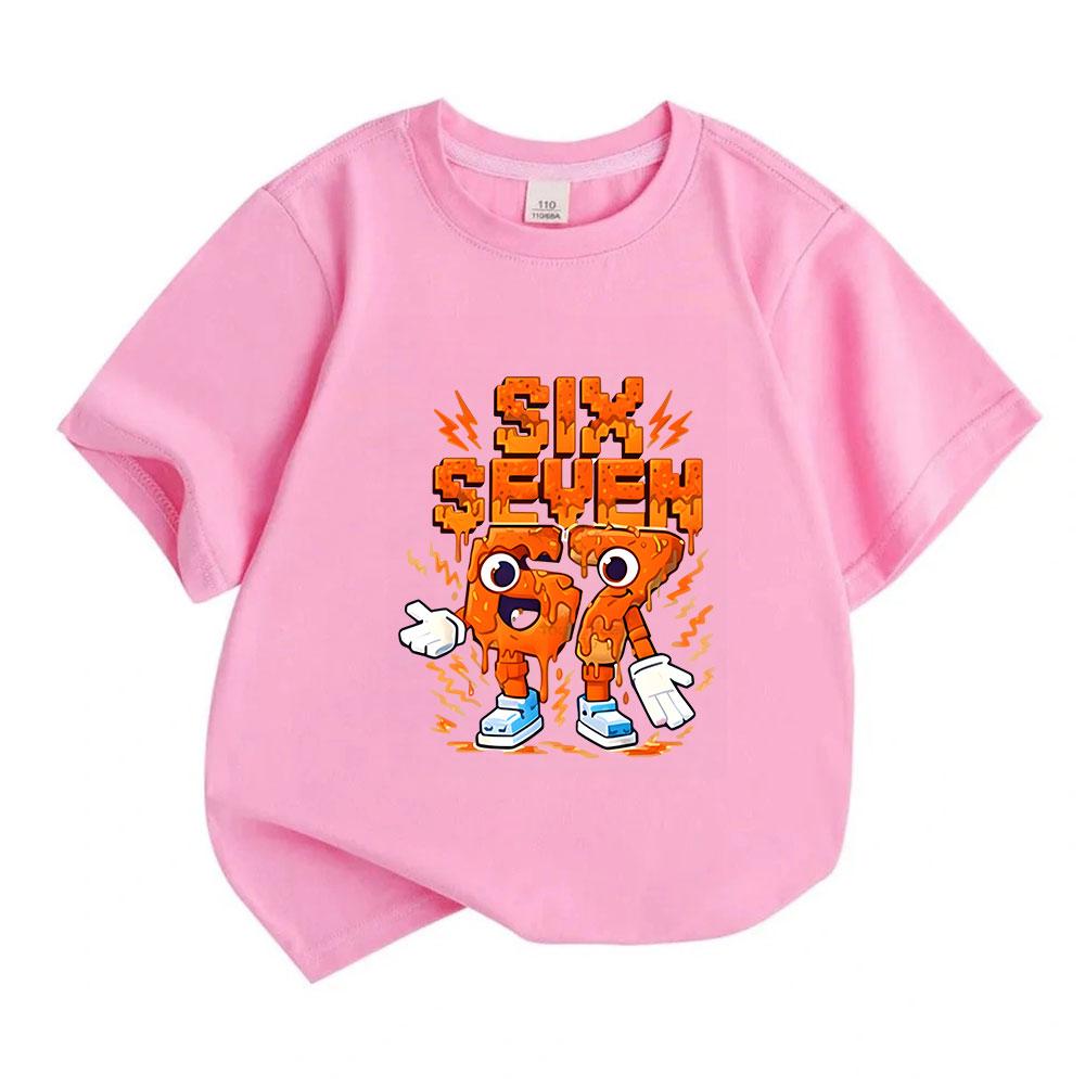 Kids Boys Girls 100% Cotton Crew Neck Short Sleeve T-Shirt, Cartoon 67 Six Seven Drippy Anime Character Print Casual Tee for Children Daily Wear