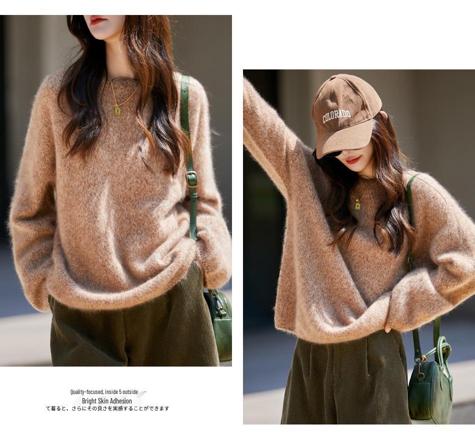 Women’s Wool Sweater: Seven-Needle Brushed Yarn, Unique Texture, Thick, Warm, Loose Fit for Autumn/Winter