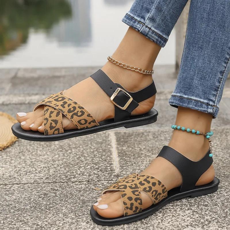 Fashion Fashion Leopard Print Flat Sandals for Women Cross Strap Open Toe Sandal Female Outdoor Anti Slip Soft Bottom Sandalias Mujer