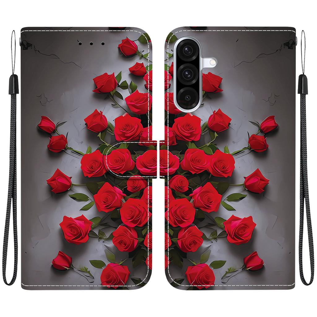 Étui à rabat en cuir PU fait main pour Samsung Galaxy A26 (SM-A266E)- Housse Antidérapante Antichoc avec Dragonne et Motifs Chat Cœur/Rose
