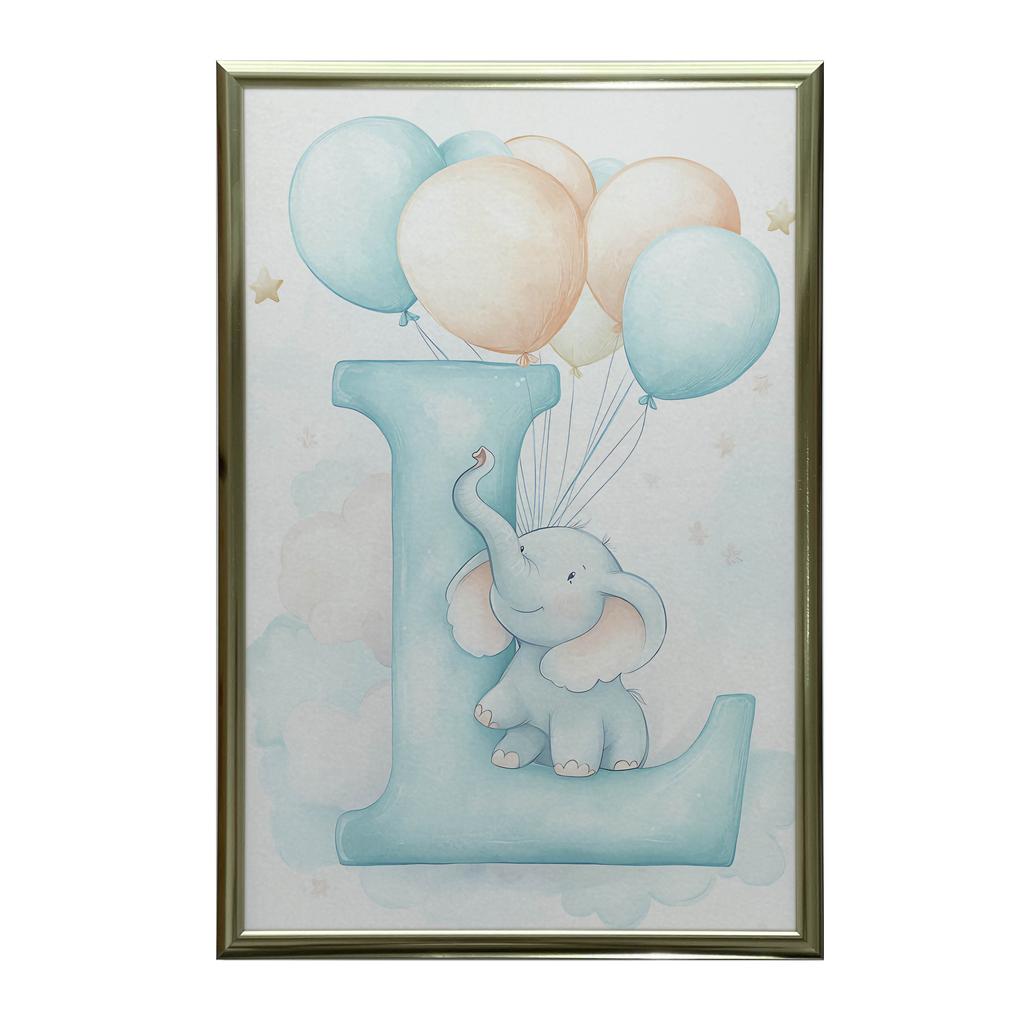Poster Letter "I" With Balloons And Elephant Poster Letter "I" With Balloons And Elephant, 30X40 Cm, Frame Wooden Light Oak, Paper Matte 230 Gsm