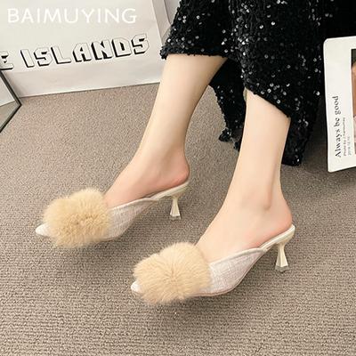 Fur Women Slippers Shallow Pointed Toe Fashion Elegant Winter Mid Heels Shoes 2025 Trend Designer Dress Pumps Mujer Zapatillas