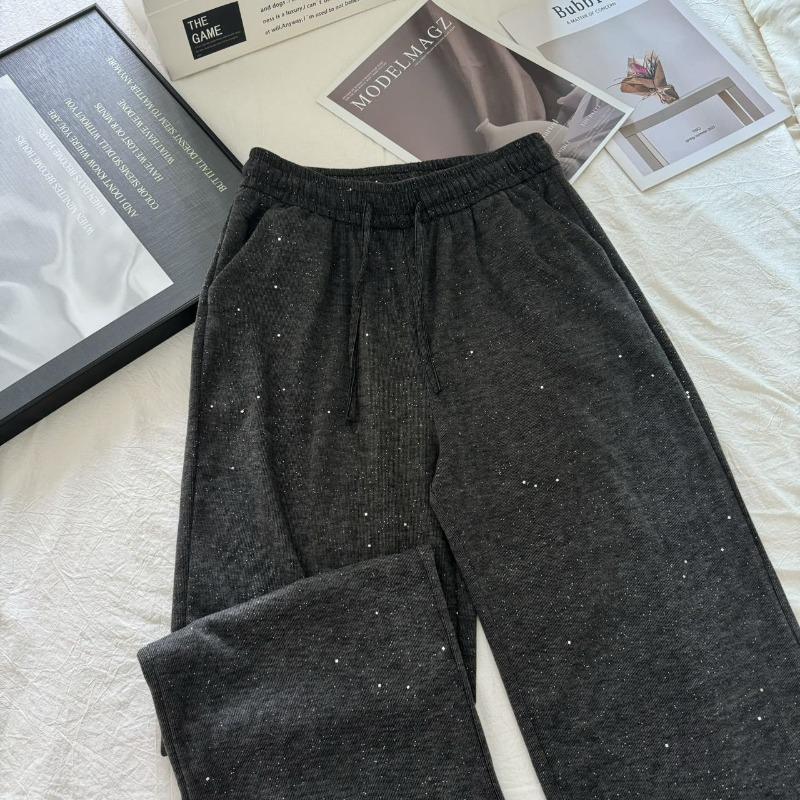 Autumn Winter Elastic High Waist Loose Casual Sequins Wide Leg Pants Women All-match Straight Sweatpants Trousers
