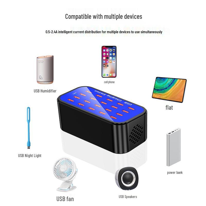 20-Port High-Power Mobile Charger: 5V/2A, 100W Desktop Station