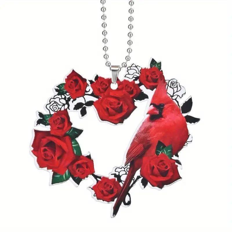 

Stylish 2d Acrylic Red Rose Parrot Heart Shaped Pendant For Car Mirror Decor 1
