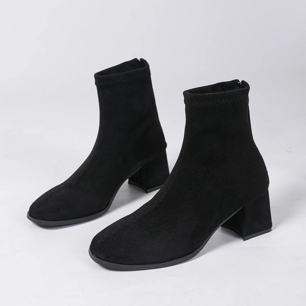 2025 New Women's Fashion Boots Square Toe Rough Heel High Elastic Short Boots Leopord Fashion Comfortable Plus-size Women Shoes
