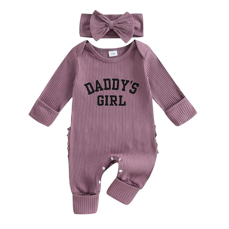 

Baby Girls Rompers Letter Print Frills Round Neck Long Sleeve Infant Bodysuits Jumpsuits with Headband New born фіолетовий