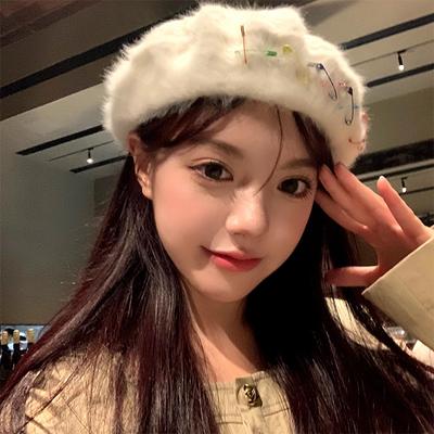 Hat Women's Autumn and Winter Plush Hat Cute Beret Women's Pin Dopamine Knitted Painter Hat