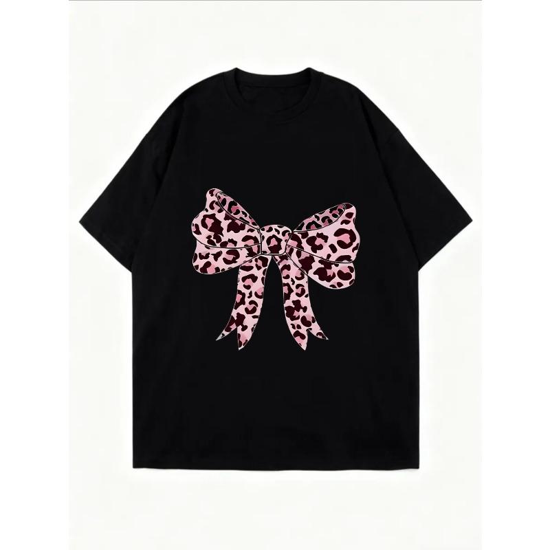 Oversized T-Shirt with Pink Leopard-Print Bow Print – Sweet-Edgy Color-Block Girly Top