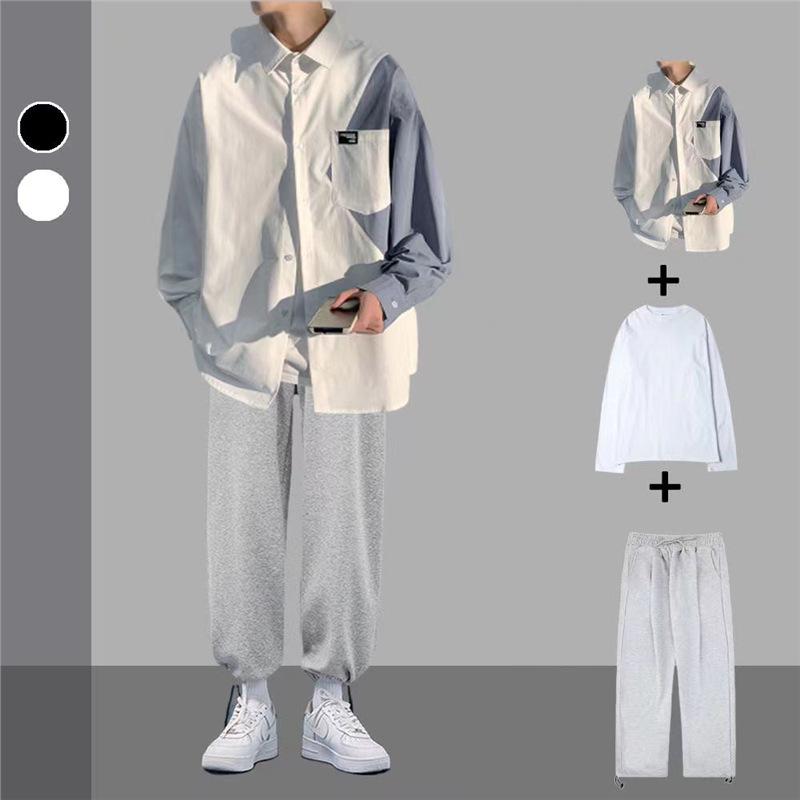 Men's Trendy Spliced Long-Sleeve Casual Shirt Set for Spring and Autumn
