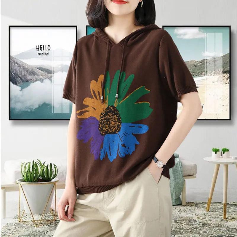 T-shirt for Women Summer Large Size Cotton Hooded Knit Short Sleeve Top Soft Loose Casual Comfortable Pullover T-shirt Top