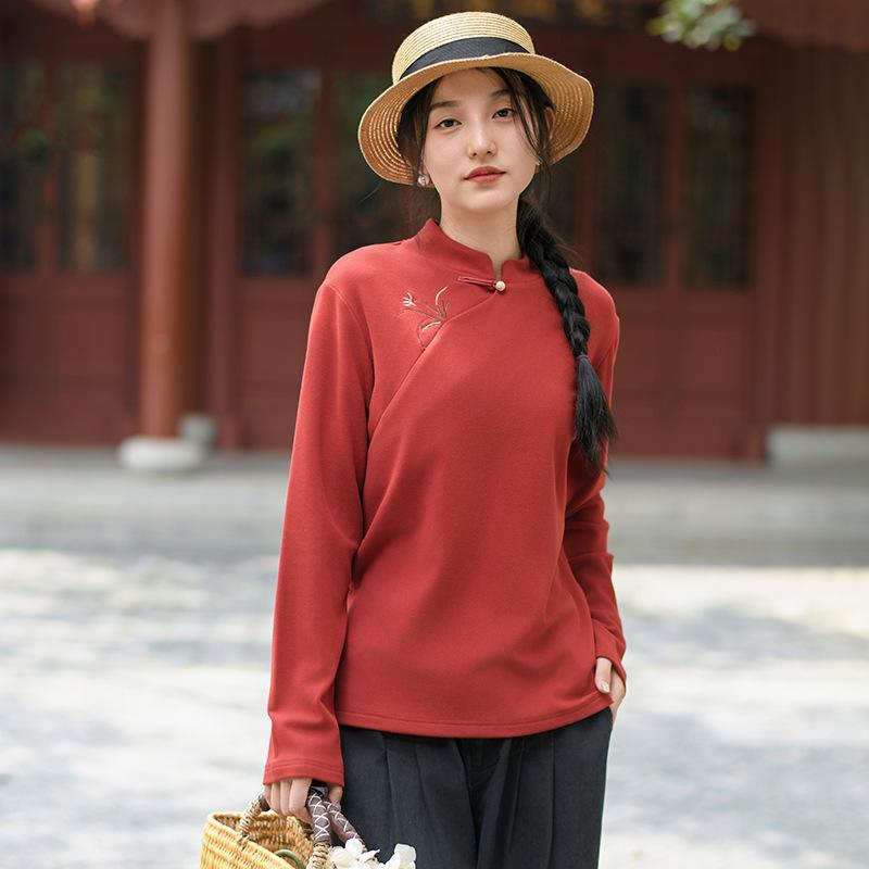 

Johnature Женские рубашки в китайском стиле с воротником-стойкой, теплые осенние топы, вышитые цветочные блузки, мягкая рубашка с длинным рукавом XXL красный