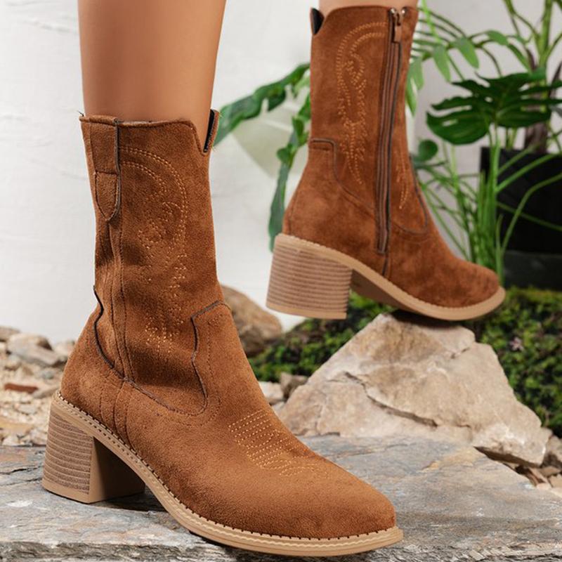 Fashion Retro Dark-Brown Embroidery Ankle Boots for Women Autumn Winter Zip High Heel Women's Boots Comfortable Suede Booties Woman