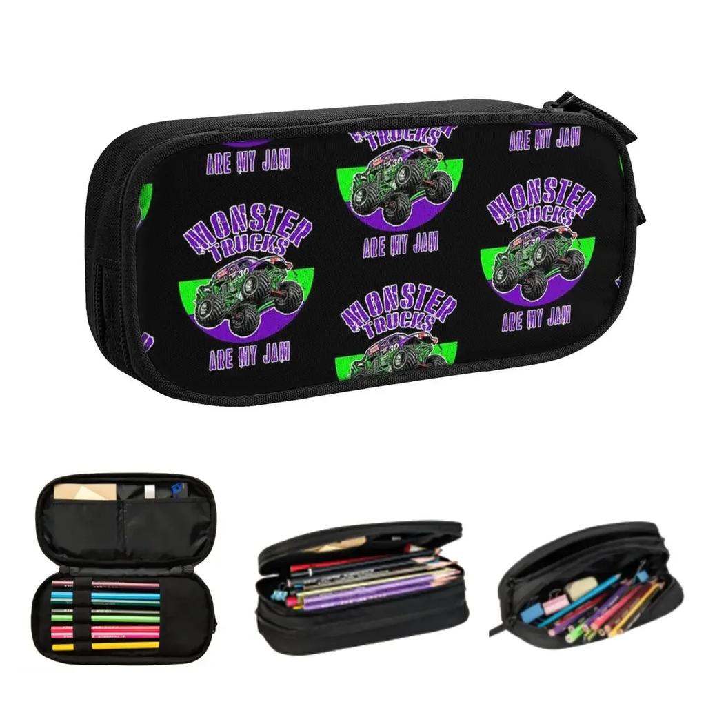Monster Truck Are My Jam Grave Digger Pencil Cases Large Storage Pen Bags Pen Box Pencil Pouch For Stationery School Office