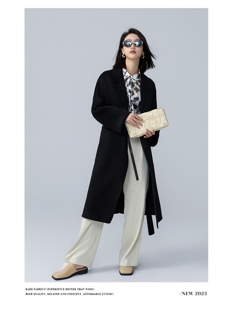 Petite Women's Mid-Length Camel Wool Coat - Loose Double-Faced Cashmere with Tie-Waist for Autumn and Winter.