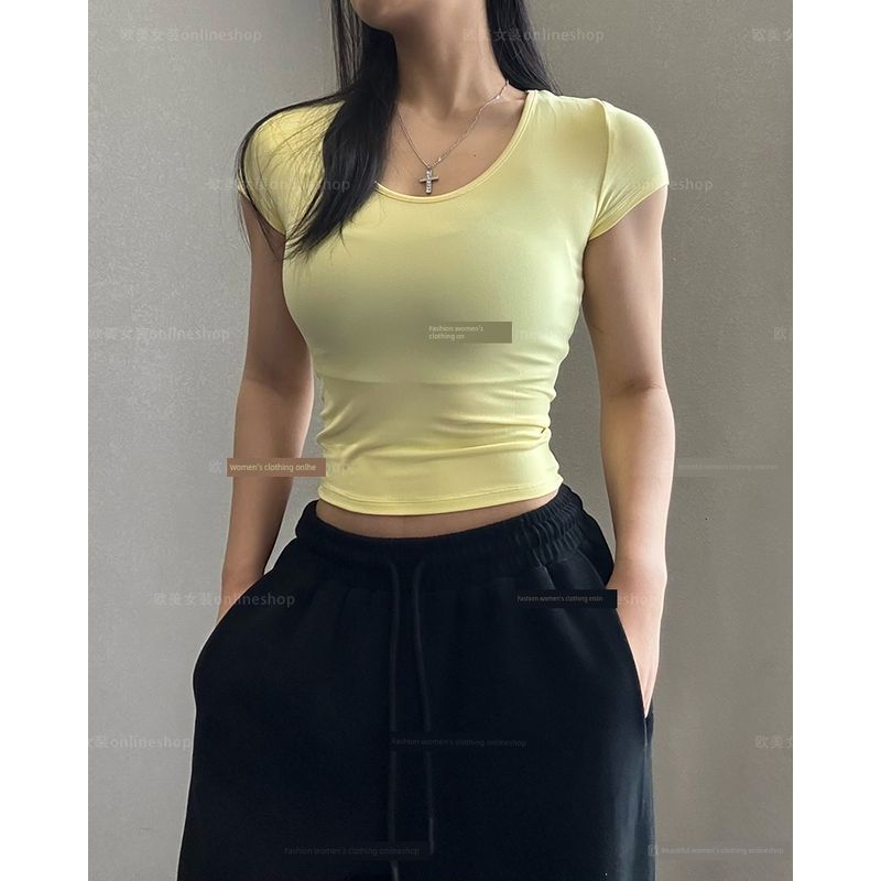 

It s So Big and Easy to Wear! Minimalist U Collar Sports Short Sleeve Lightweight Breathable Slimming Workout Top Female Yoga T-shirt Summer Washed yellow M
