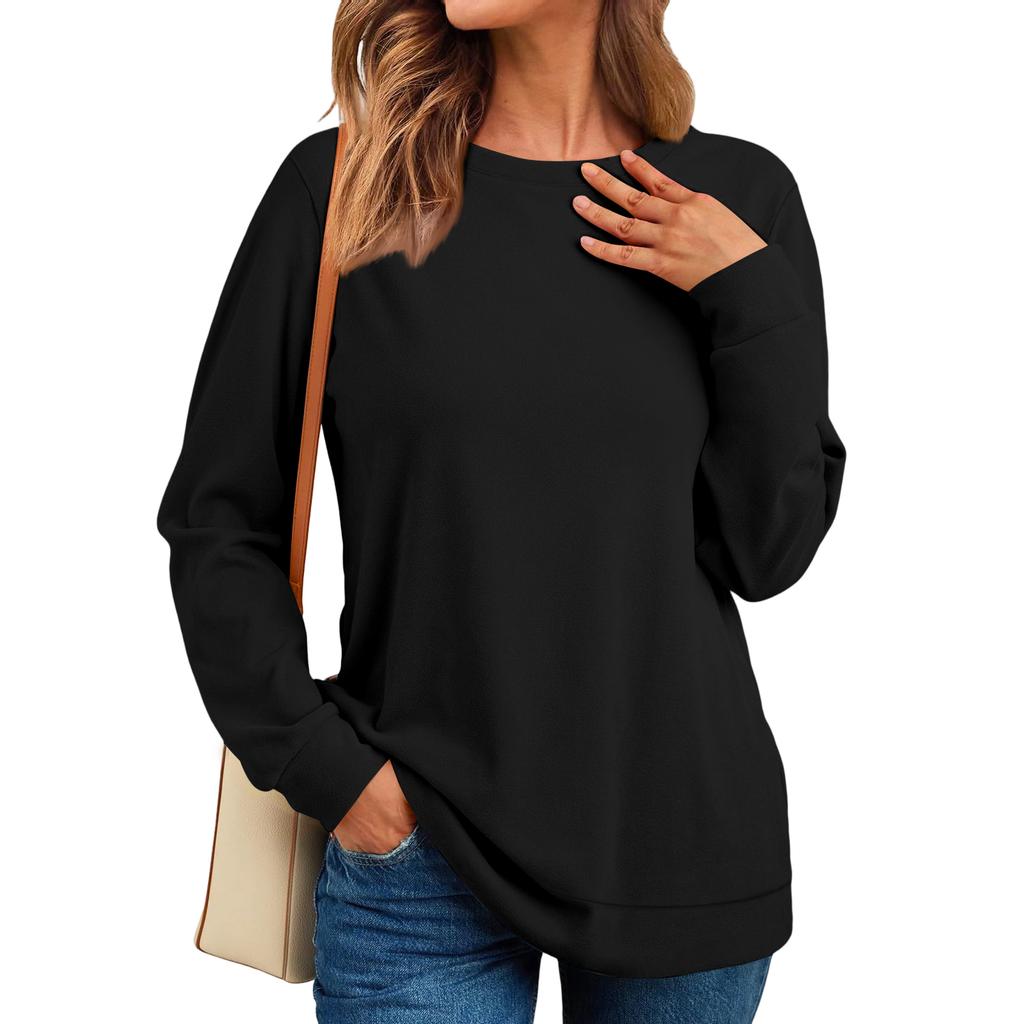 Women's Casual Fashion Solid Color Neck Long Sleeve Sweatshirt Lightweight Pullover With Side Pockets Warm Sweatshirt