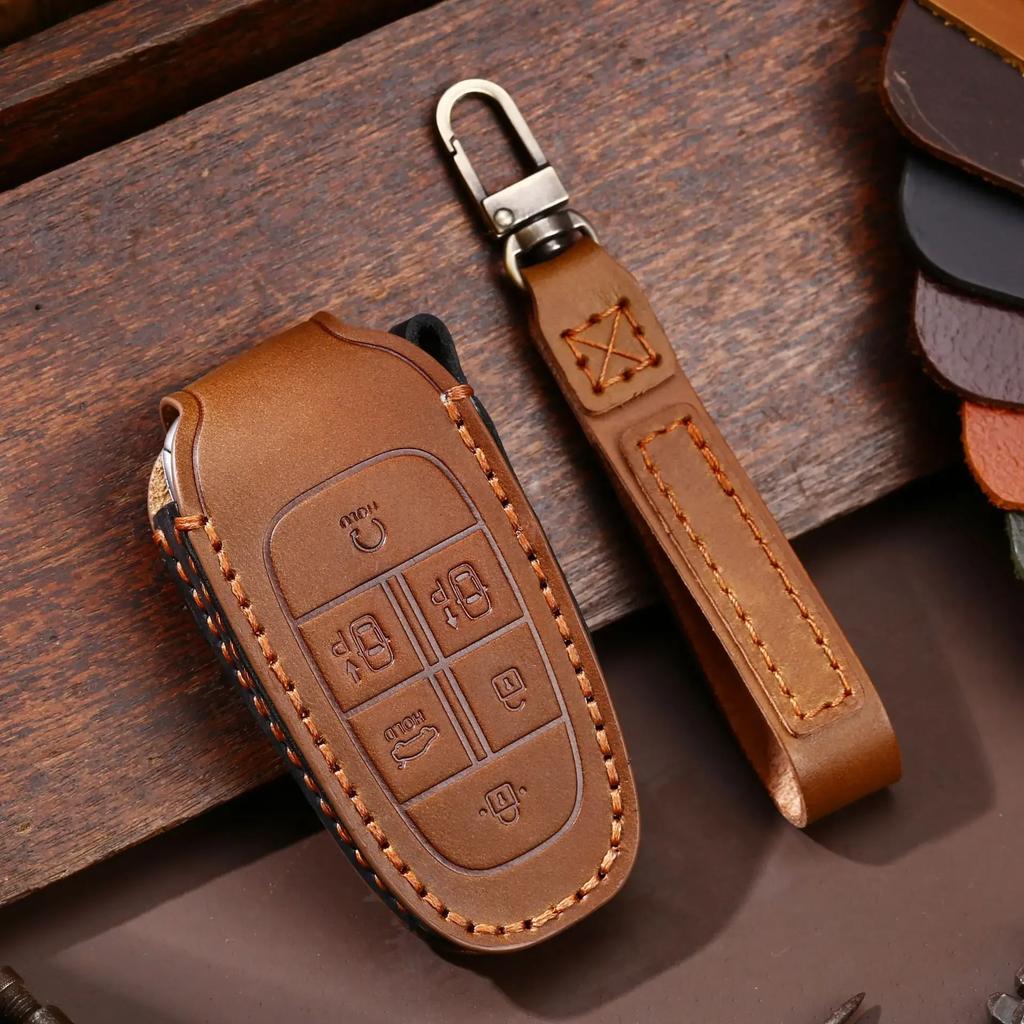 Leather Car Key Case Cover Fob Accessories For Hyundai Tucson Solaris Sonata Hybrid Nexo Nx4 Grand Santa Fe Keychain Holder Bag