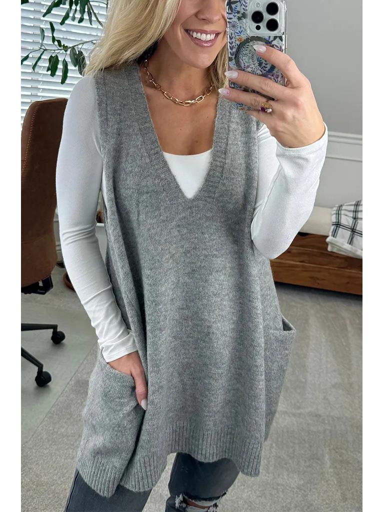 Herbst/Winter Einfarbiger V-Ausschnitt Taschen Strickweste Pullover 2025