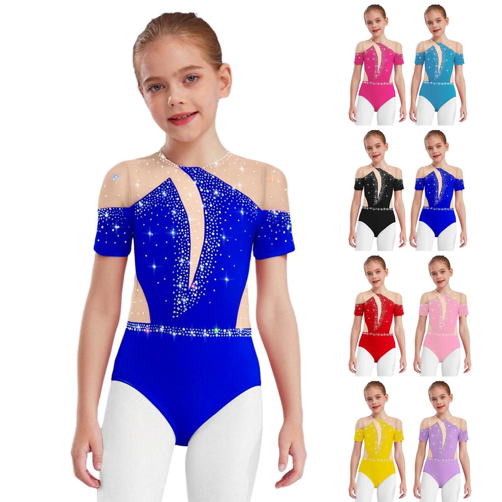 Kids Figure Skating Wear Short Sleeve Leotard Cutout Back Sheer Mesh Patchwork Shiny Rhinestones