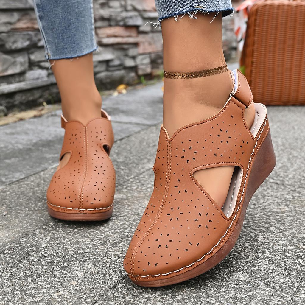 Damen Hollow Out Peep-Toe Sandalen - Verstellbarer Riemen Plateau Wedge mit Klettverschluss, Modische Freizeit-Sandalen