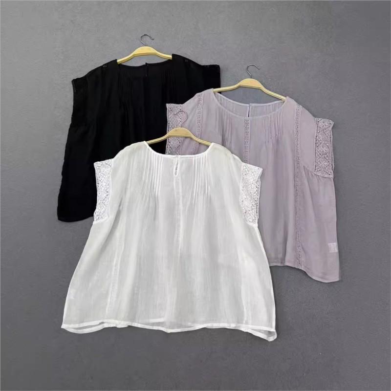 Johnature Summer French Stitched Sleeveless Cool Shirts Casual Loose Sheer Sunscreen Simple Shirts Women