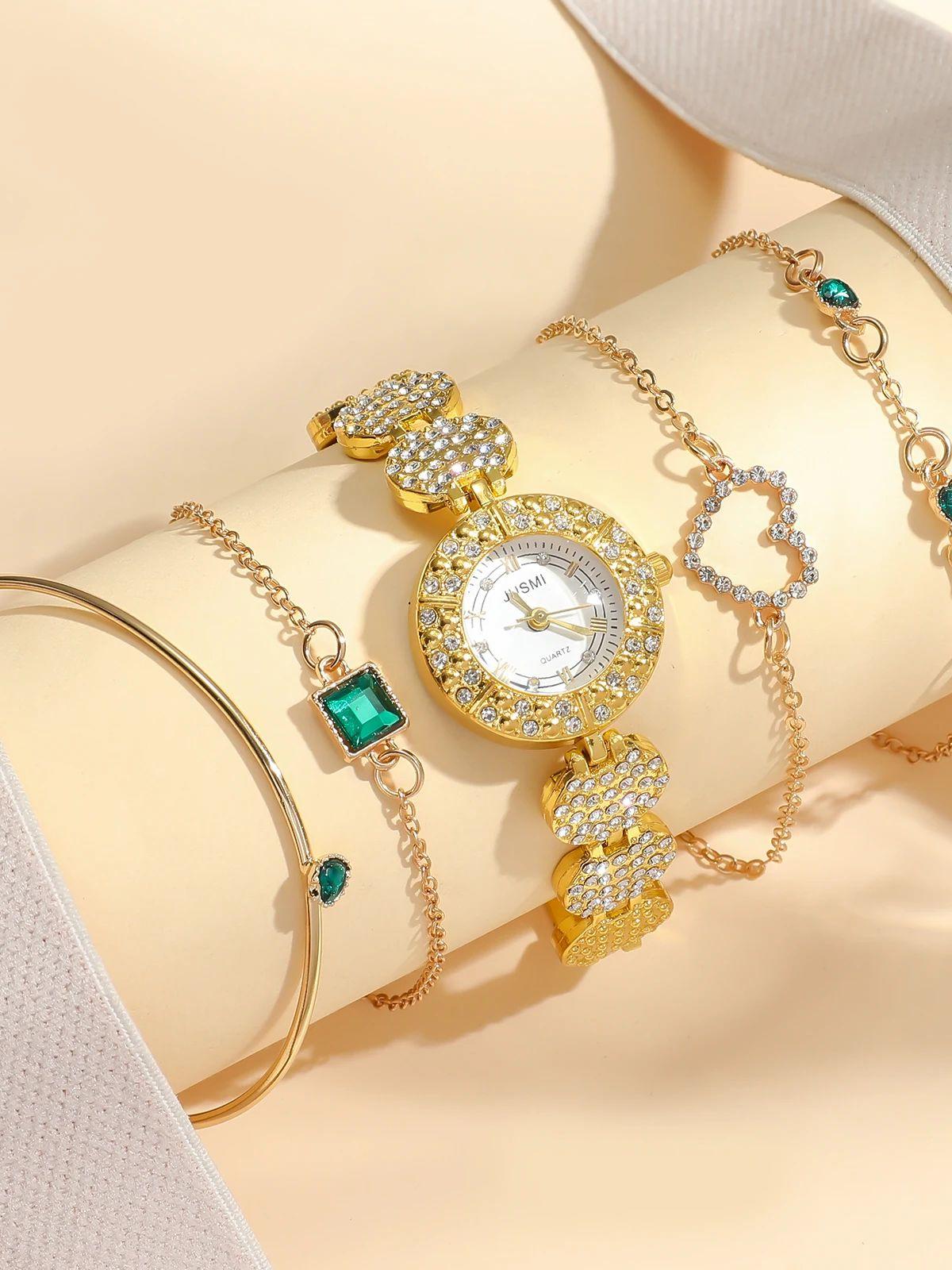 

Ladies new noble style round diamond dial steel strap quartz watch heart-shaped bracelet emerald bracelet personalized bangle h золотой