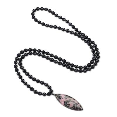 Rhodonite Leaf Obsidian Power Stone Unisex 108-Bead Necklace,