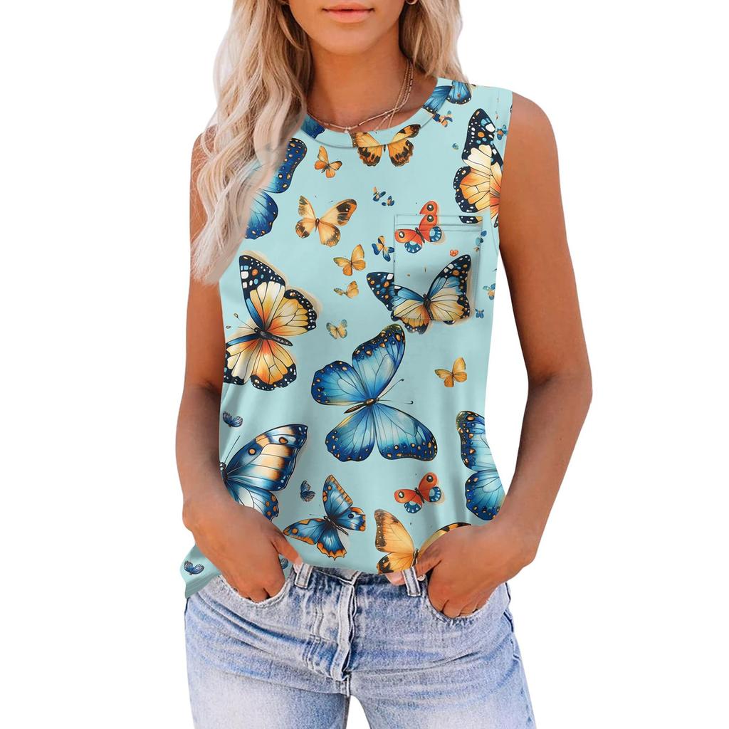 Damen-Tanktops 2025, lockere Passform, hoher Halsausschnitt, Sommertop, elegante, lässige ärmellose Shirts mit Tasche