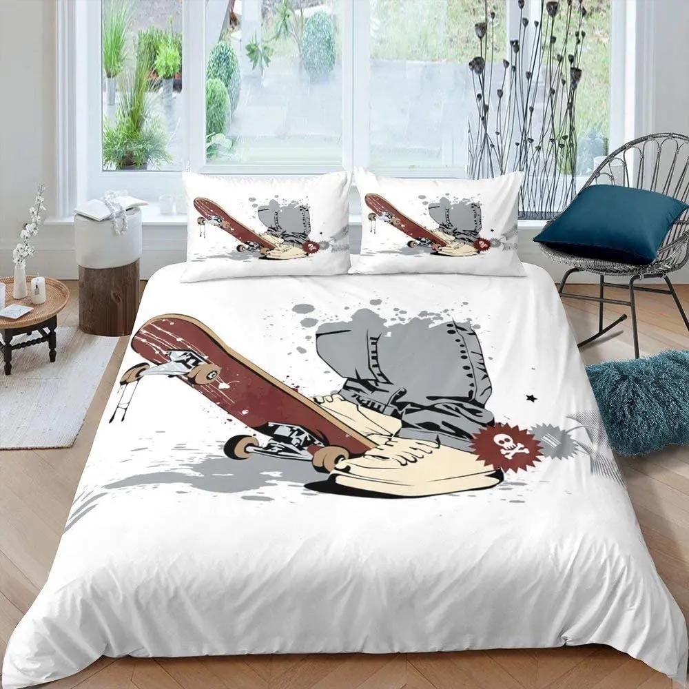 Skul Soft Duvet Cover Skateboard Human Skul featuring Skateboard Print for Children Kids Young Boys Tens Rom Decor Extreme Sport Theme Comfortable