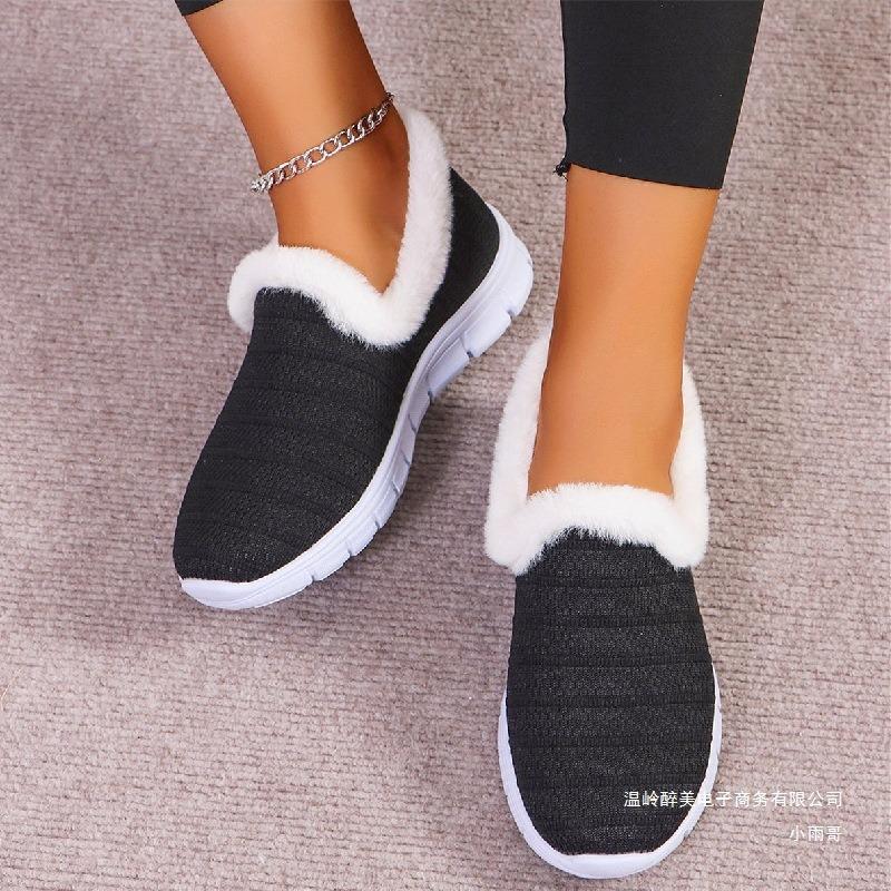 Cross-border new large-size low-top velvet cotton shoes women's foreign trade round head fly-woven wool mouth low-heeled foot shoes