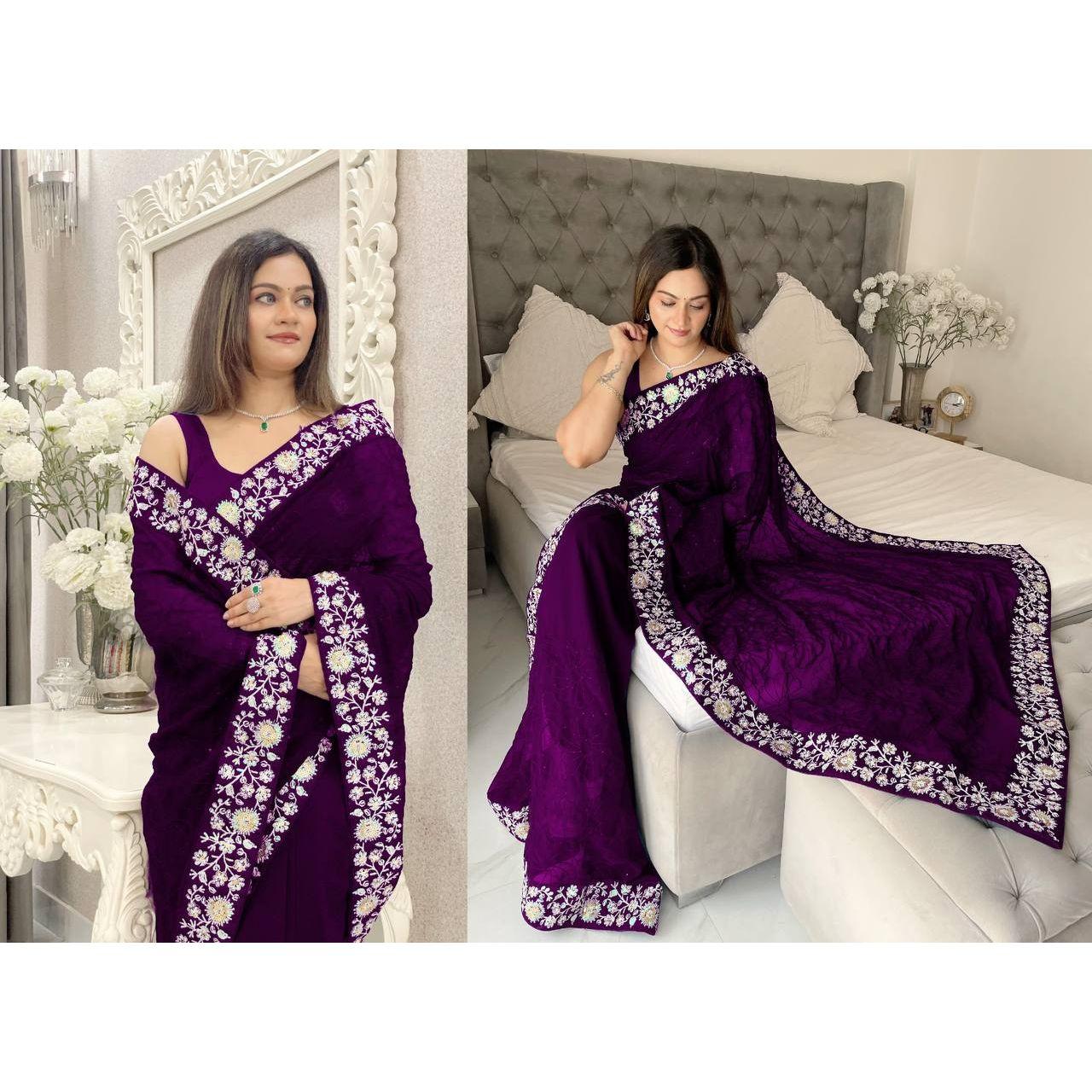 

Сари из искусственного жоржета с дизайнерской цветочной вышивкой 3 мм и нитью