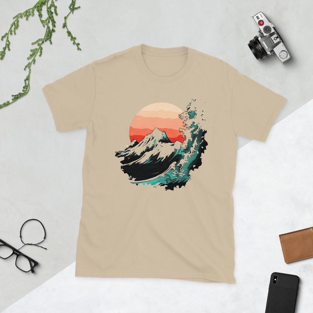 Japanese Wave and Mountain T-Shirt – Nature-Inspire wbr/ d Sunset Graphic Sand Tee#31 Unisex T-Shirt M