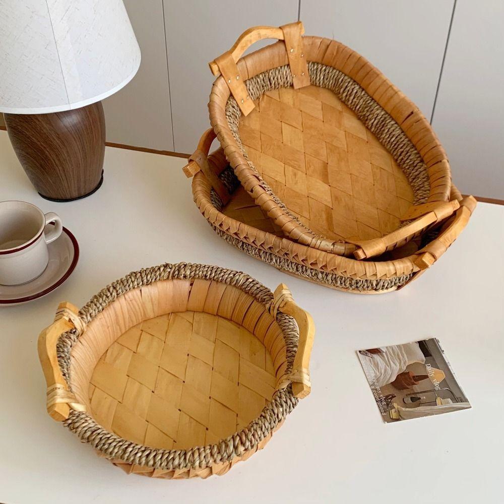 Rustic Handwoven Storage Basket Handmade Food Serving Holder Fruit Vegetable Storage Tray  Kitchen