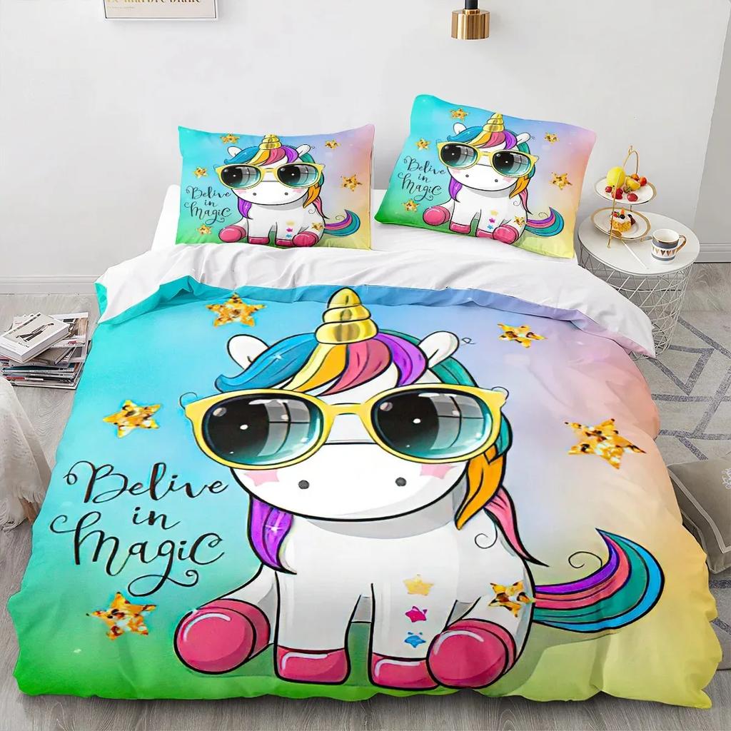 Rainbow Unicorn Duvet Cover Set Queen Size, Glitter Rainbow Unicorn Bedding Set for Girls Teens, Rainbow Unicorn Comforter Cover
